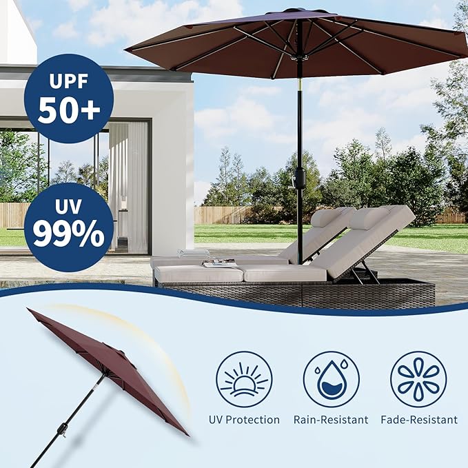 10Ft Patio Umbrella - 8 Sturdy Ribs Outdoor Table Umbrella with Crank Lift & Push Button Tilt - Market Umbrella for Pool, Deck, Yard, Garden - Turquoise