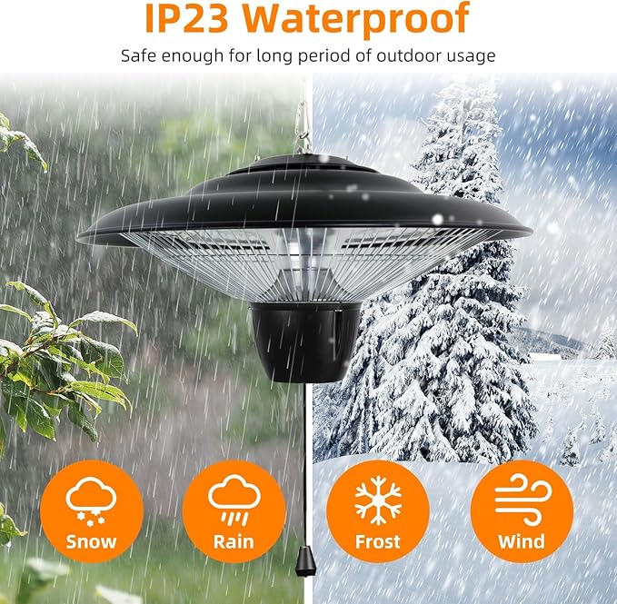 Patio Heater for Outdoor Use, 1500W Hanging Heater with Pull String Control, 2 Adjustable Heating Levels, Overheat Protection, Ultra Quiet Electric Heater for Porch Balcony Garage Living Room