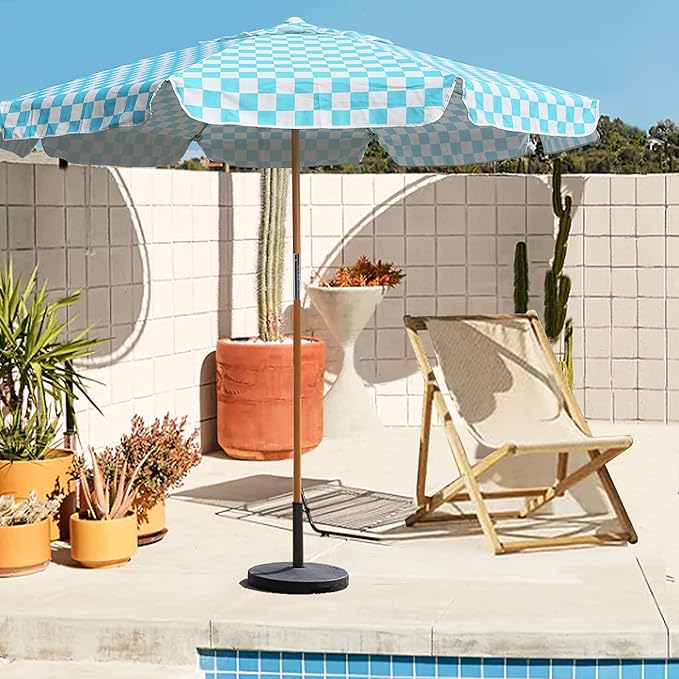 AMMSUN 7.8ft Seashore Umbrella, Outdoor Umbrella, Boho Beach & Patio Umbrella with UV 50+ Air Vent Ash Wood Pole Carry Bag & Water-Resistant Canvas (Blue Check)