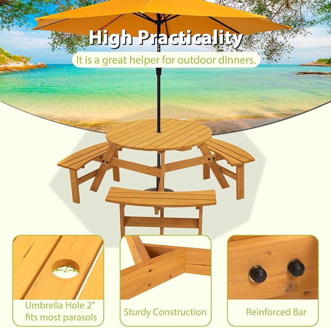 8-Person Round Picnic Table with 4 Built-In Benches & Umbrella Hole, Wooden Picnic Tables for Outdoors, Patio, Backyard, Garden, 66.92"X66.92"X27.55, 2220lb Capacity (Round, Natural, 6-Person)