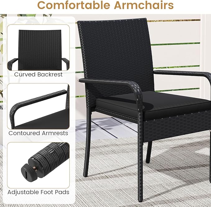 Tangkula 3 Pieces Patio Furniture Set, PE Rattan Outdoor Cushioned Conversation Chairs with 2-Tier Tempered Glass Tabletop Table, for Balcony, Garden and Poolside (Black)