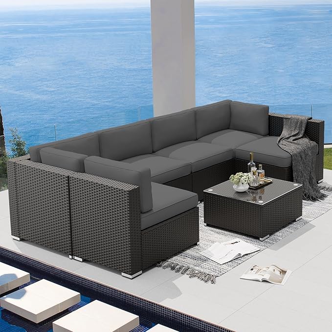 SUNCROWN 7-Piece Outdoor Patio Furniture Sofa Set All-Weather Black Wicker Sectional Conversation Set with Modern Glass Coffee Table and Cushions, Garden, Backyard, Deck, (Dark Grey)