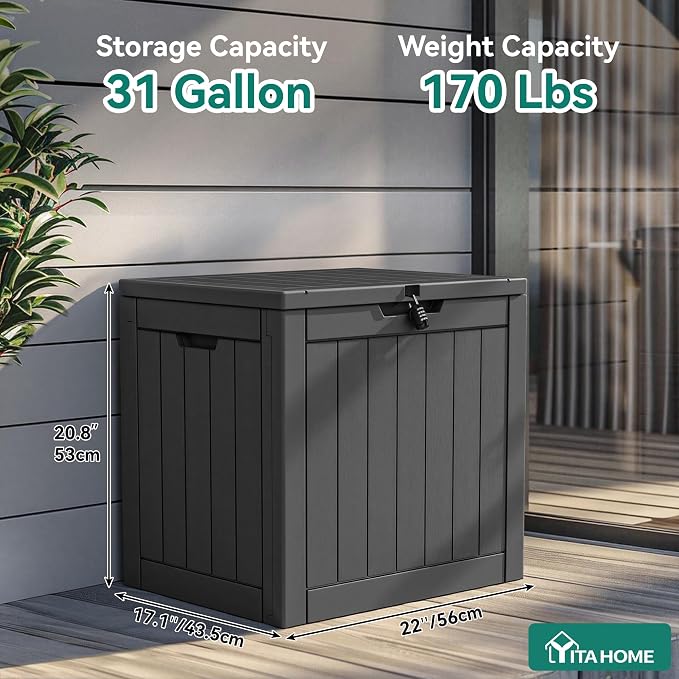 YITAHOME 30 Gallon Deck Boxes 2 Pack, Waterproof Outdoor Storage for Cushions, Tools & Pool Accessories, Resin Package Delivery for Patios, Gardens & Decks, Black
