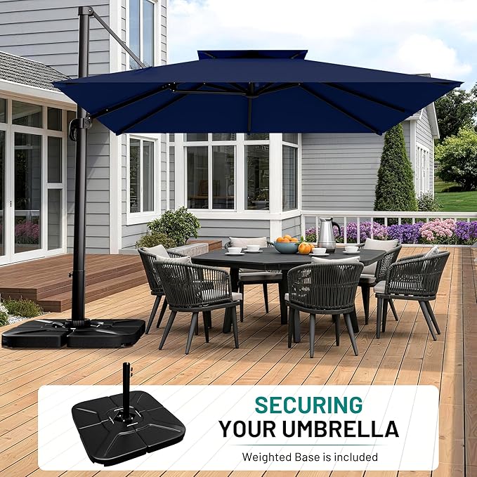 AreShark 9×9FT Double-Top Cantilever Patio Umbrella with Base Included, Square Offset Umbrella with 360 Degree Rotation, Heavy Duty Patio Umbrella for Garden Deck Pool, 5 Tilt Angles, Navy