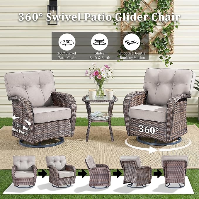 Patio Furniture Set, 5PCS Outdoor Wicker Conversation Set with 5" Thick Cushions, High Back Rattan Sofa & Swivel Rocker Chairs, Weather Resistant Olefin Fabric for Garden, Poolside Brown/Beige