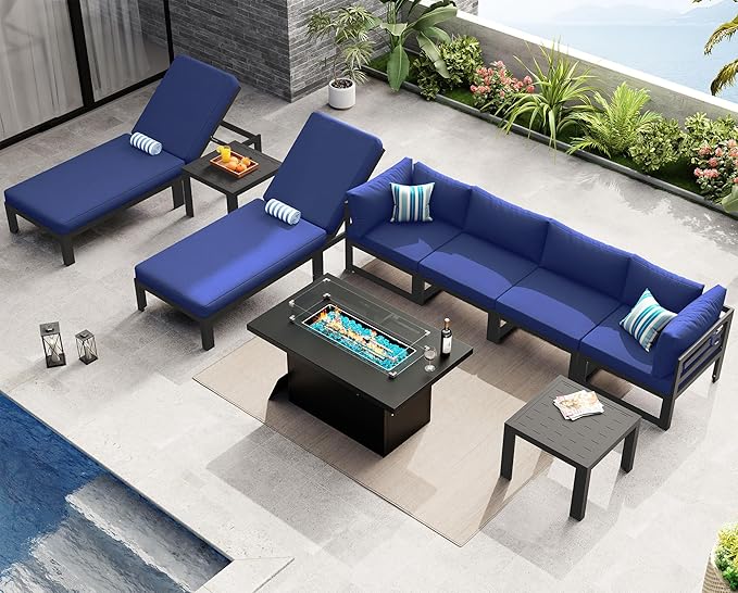 NICESOUL 9 Piece Large Modern Aluminum Patio Furniture Set, UV Resistant Modular Outdoor Conversation Set with Lounge Chair & Fire Pit Table, 500 lbs Durable Modular Sectional Sofa for Deck, Navy Blue