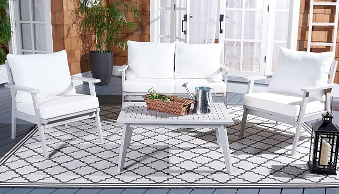 SAFAVIEH Outdoor Collection Castalia Grey Acacia Wood/Beige Cushion 4-Piece Conversation Patio Set