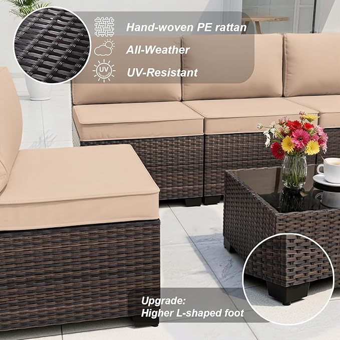 ALAULM Patio Furniture Set with Coffee Table, 7 Pieces Outdoor Sectional with Wide Seat and Thick Cushion, All Weather Wicker Rattan Conversation Set for Backyard, Garden, Deck, Sand