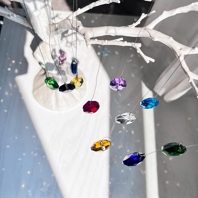 12 Pcs 38mm Multi-Color Crystal Horse Eye Prism Suncatcher Decor | Multi-Color Feng Shui Faceted Crystal Horse Eye Prism Suncatcher Pendant Set of 12 for Chandelier Window Garden Wedding Decor