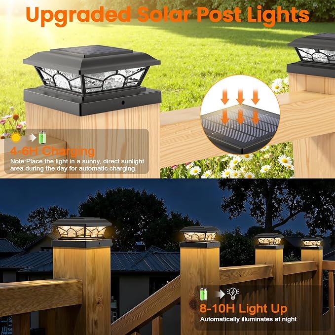 4x4 3.5x3.5 Solar Post Cap Lights 4-Pack Black | 2 Modes (Warm/Cool White), 16LEDs, for Wooden/Vinyl Posts, IP65 Waterproof, Outdoor, for Fence, Deck, Patio, Yard, Porch