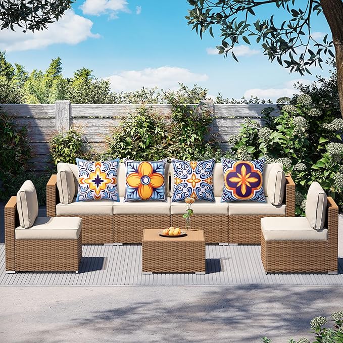 Outdoor Pillow Covers, 18x18 Inch Set of 4 Floral Printed and Boho Decorative Summer Outdoor Waterproof Throw Pillow Covers for Patio Funiture Garden (Blue Orange)