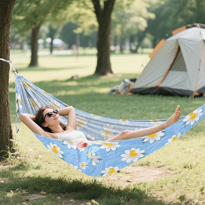Camping Hammock Outdoor Hammocks for Outside Duck Flowers Blue Beach Trees Portable Lightweight with Pockets Tree Straps Indoor Small