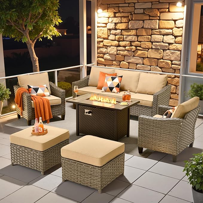 Wicker Patio Furniture Set,7 Pieces Modern Outdoor Conversation Set Sectional Sofa with Cushion and Ottomans for Garden, Poolside, Backyard