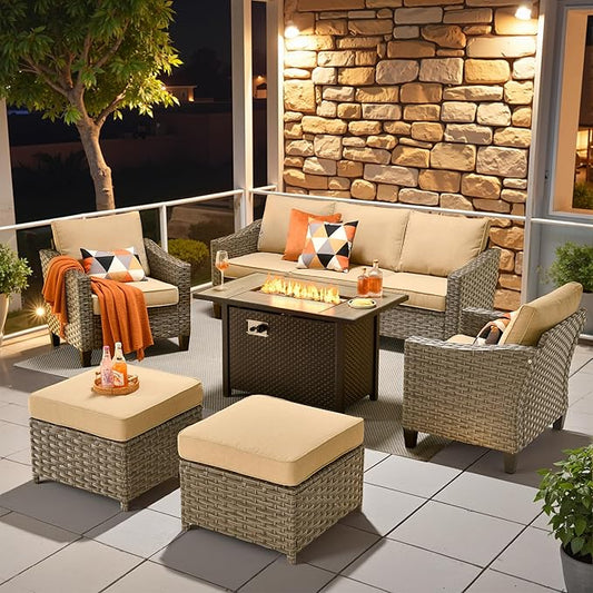Wicker Patio Furniture Set,7 Pieces Modern Outdoor Conversation Set Sectional Sofa with Cushion and Ottomans for Garden, Poolside, Backyard