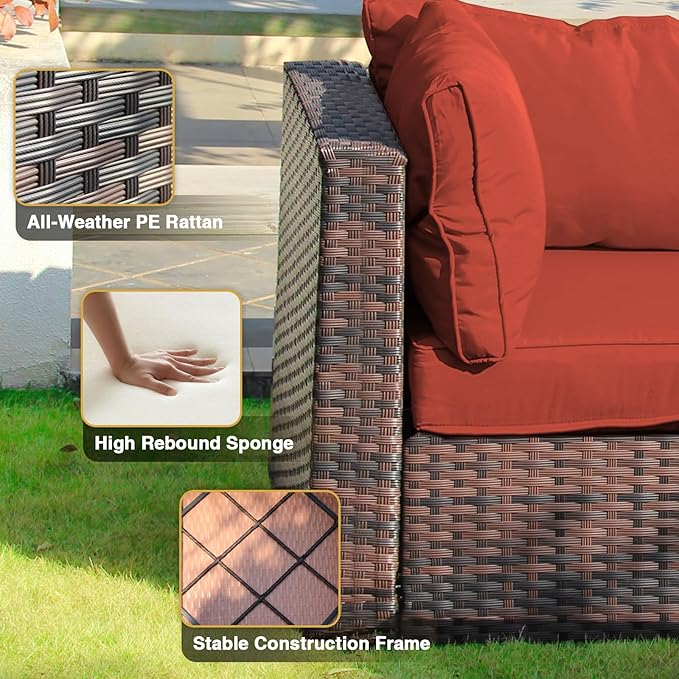 11 Piece Patio Furniture Set with Fire Pit Table, Outdoor Sectional Sofa PE Rattan, Patio Conversation Sets with Cushions for Garden Lawn Balcony Porch Deck Red