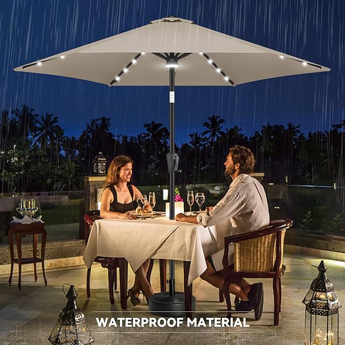 10ft Solar Patio Umbrella - Outdoor Umbrella with Centre Surround Light 24 LED Lights, Market Table Umbrella with Tilt for Pool, Porch, Garden, Deck, Backyard UV Protection (Taupe)