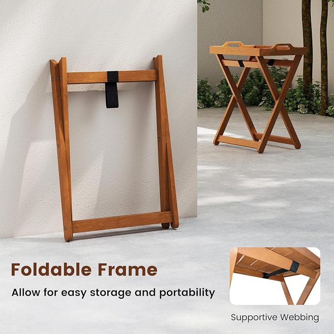 Tangkula Outdoor Wood Tray Table, Patio Portable Side End Table with Removable Serving Tray and Folding Frame, Outside Coffee Bistro Furniture for Porch, Balcony and Garden (2)