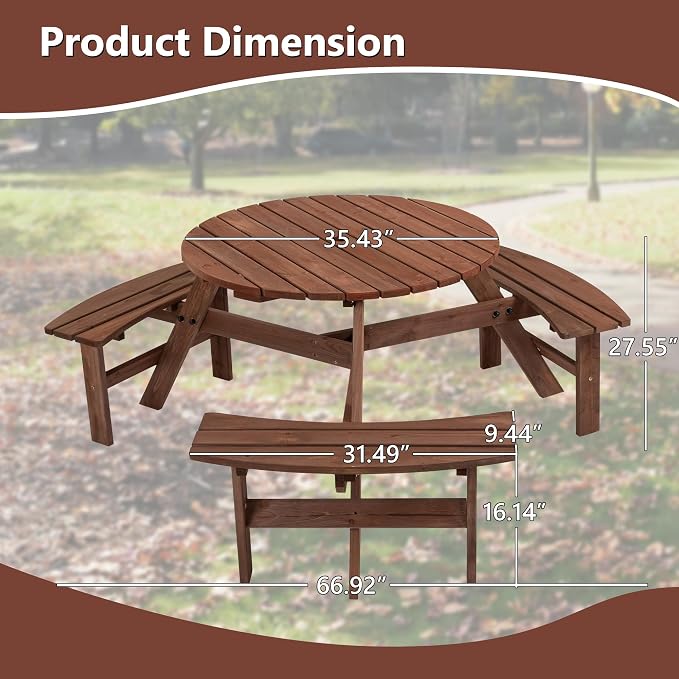 6 Person Outdoor Picnic Table, Wooden Picnic Tables with 3 Built-in Benches Table and Chairs Set with Umbrella Hole Outside Table and Bench Round Picnic Table Patio Tables for Garden, Backyard, Porch