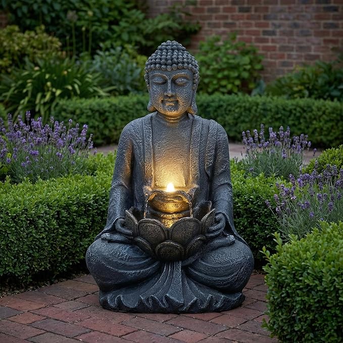 28'' H Outdoor Buddha Fountain with 2-Tier Lotus Waterfall & Warm LED Lights, Zen Water Feature with Durable Polyresin & ETL Certified Pump for Patio Garden Backyard, Gray