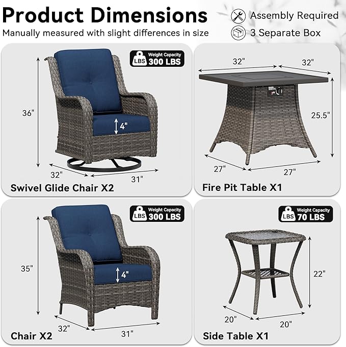 6 Pieces Outdoor Wicker Patio Furniture Set with Fire Pit Table, Patio Chair Set with Thickened Olefin Cushions, High Back and Deep Seating, Hand-Woven PE Rattan for Porch, Deck