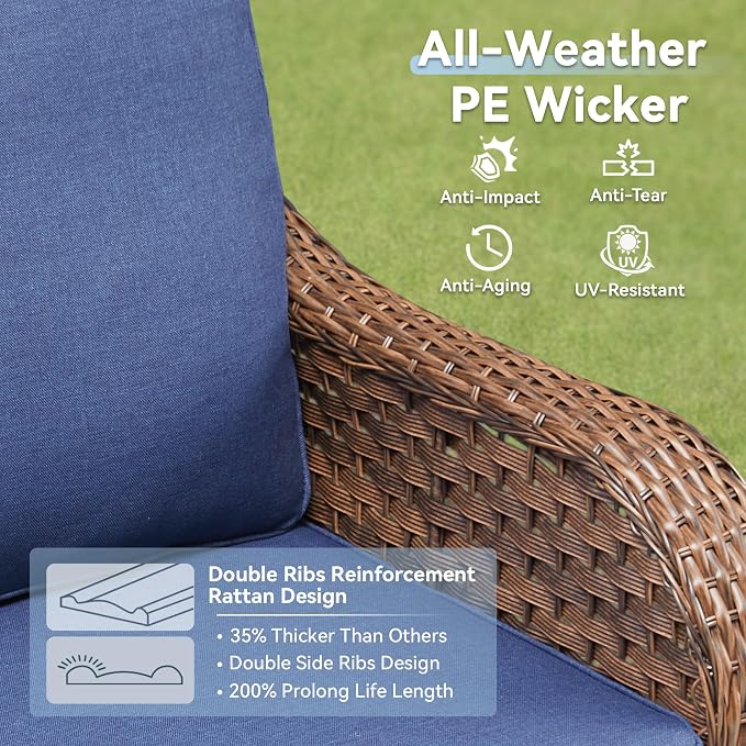 7 PCS Patio Furniture Set, Outdoor Wicker Loveseat & 4 Swivel Rocking Chairs with 2 Ottomans, 4-Inch Thick Olefin Cushions, 300 lbs Capacity Rattan Conversation Set for Porch, Blue