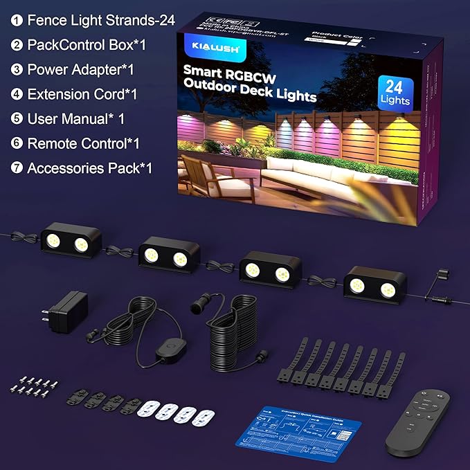 Outdoor Deck Lights, 24 Lights Smart Fence Lights Compatible with Alexa & Google Home, IP65 LED Patio Deck Lighting with Remote, Fence Lighting Music Sync for Patio Yard Garden(157.2ft)
