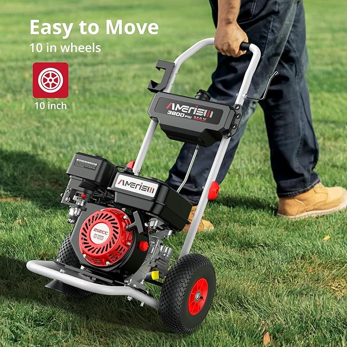 AMERISUN Gas Pressure Washer 3800 PSI 2.5 GPM, 212CC 4-Stroke OHV Engine Gas Powered Pressure Washer, 10’’ High Wheels 5 Nozzle Set Include Soap Tank for Cars Fences Driveways Patios Furniture Home