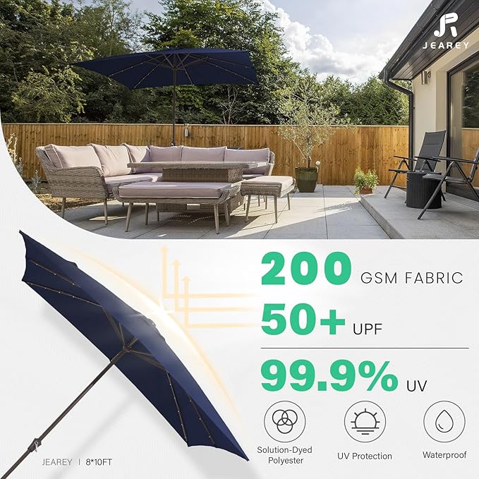 JEAREY 8x10 ft Rectangular LED Lighted Patio Umbrellas Outdoor Solar Table Market Umbrella w/Crank, 8 Sturdy Ribs, UV Protection Waterproof Sunproof(Dark Blue)