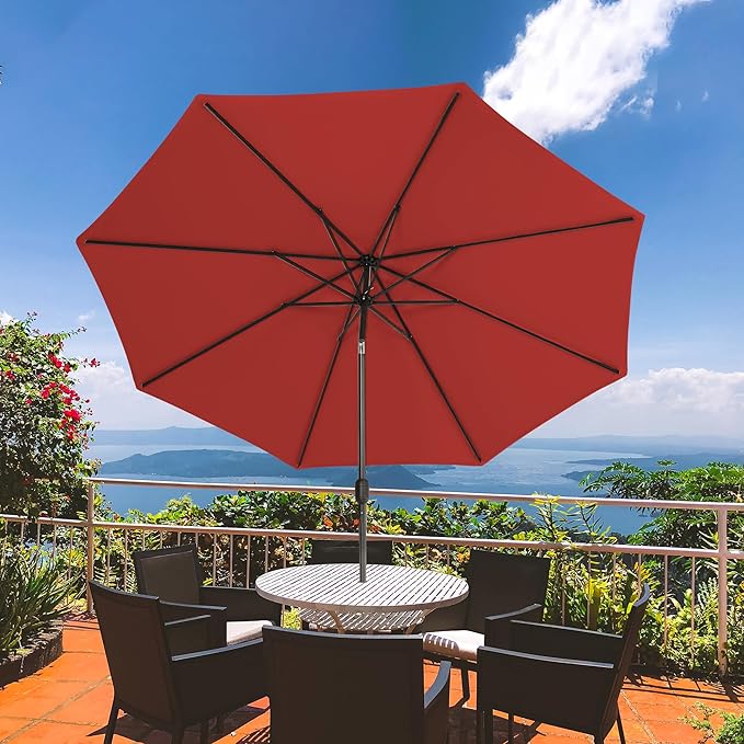 Sundale Outdoor 9FT Patio Umbrella with Sand Bag Umbrella Base, Outdoor Umbrella with Tilt and Crank, Red