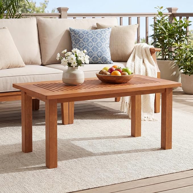 Tangkula 35.5 Inch Outdoor Coffee Table, Modern Rectangular Patio Table with Slatted Top, Teak Oil Finish, Solid Wood Coffee Table for Deck, Garden, Backyard, Indoor & Outdoor Use