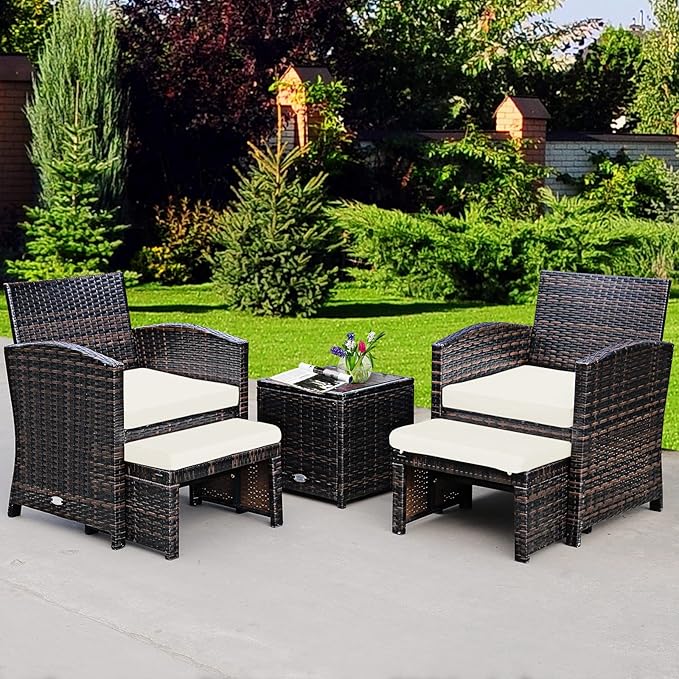 Tangkula 5 Pieces Wicker Patio Conversation Set, PE Rattan Outdoor Chairs & Ottomans Set with Single-Door Storage Coffee Table, Space-Saving Patio Furniture for Poolside, Backyard, Lawn, Deck (White)