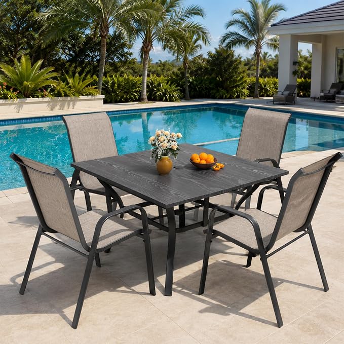 5 Piece Patio Dining Set, Stackable Outdoor Chairs Set of 4 with Textilene Fabric, 37.8" Wood-Grain Square Table with Umbrella Hole for Backyard Lawn Party (1 Table + 4 Chairs) (Brown)