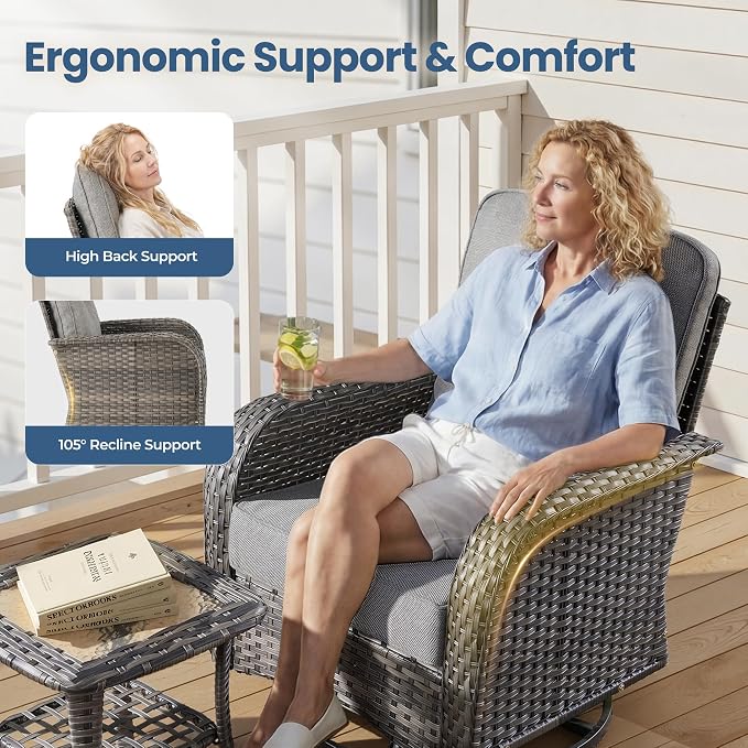 Weaxty Wicker Patio Furniture Set with Swivel Rocker Chairs Outdoor Loveseat Sofa and Rattan Coffee Table, 5 Pieces Outdoor Conversation Sets for Patio Porch Deck Backyard Poolside,Beige