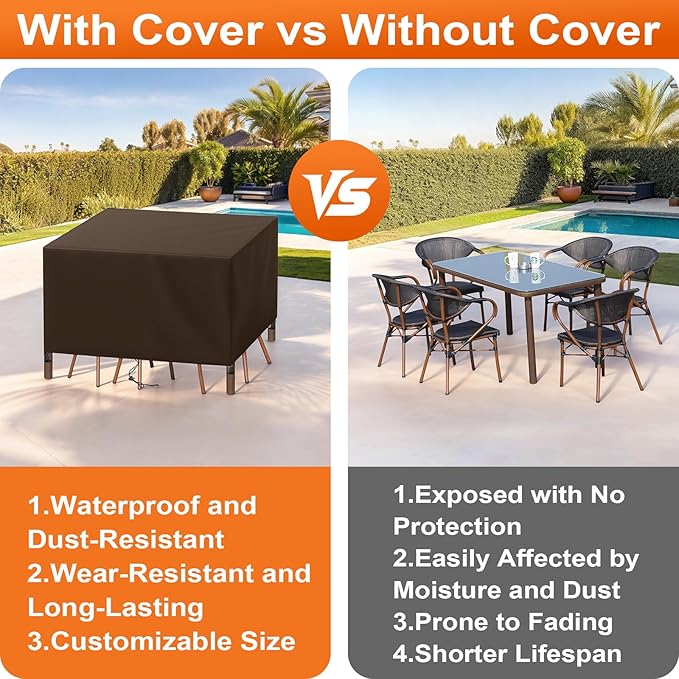 Patio Furniture Cover Rectangle 80"(L) x 44"(W) x 40"(H), Custom Heavy Duty 420D Waterproof Outdoor Cover with Drawstring & Buckles for Table Chair Garden, Coffee