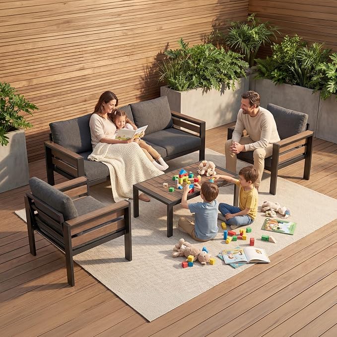 Outdoor Aluminum Patio Furniture Set, 5 Seat 4 Pieces Patio Conversation Sets with 28D Thick Washable Cushions and Coffee Table, Oversized Metal Sectional Sofa Set for Backyard Porch Deck Dalcony
