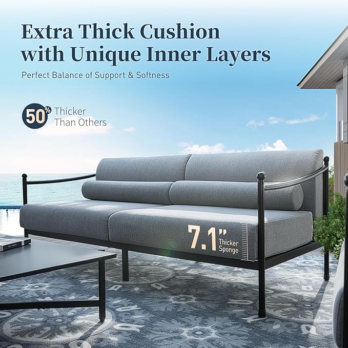 Patio Conversation Set,5 Pcs Metal Outdoor Furniture Set with Aluminum Armrest,3-Seater Sofa,2 Fixed Chairs,Metal Nested Table and 7.1" Extra Thick Cushion,Grey