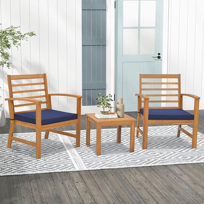 Tangkula 3 Pieces Outdoor Furniture Set, Acacia Wood Conversation Set with Soft Seat Cushions, Stable Acacia Wood Frame, Patio Sofa & Coffee Table Set for Backyard, Porch, Poolside (Navy)