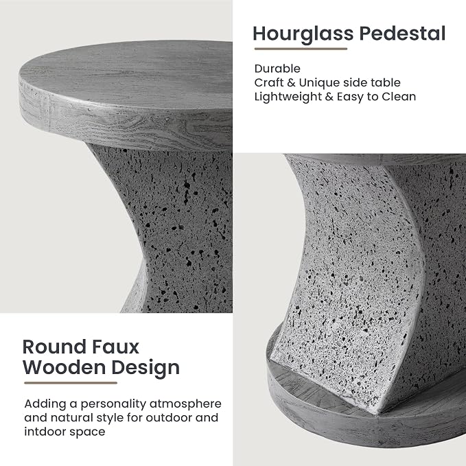 HOMPUS Outdoor Side Table, Concrete Dinning Table Hourglass Shpaed, Round Multi-Functional End Table, Cement Coffee Table for Patio, Garden, Backyard, Grey
