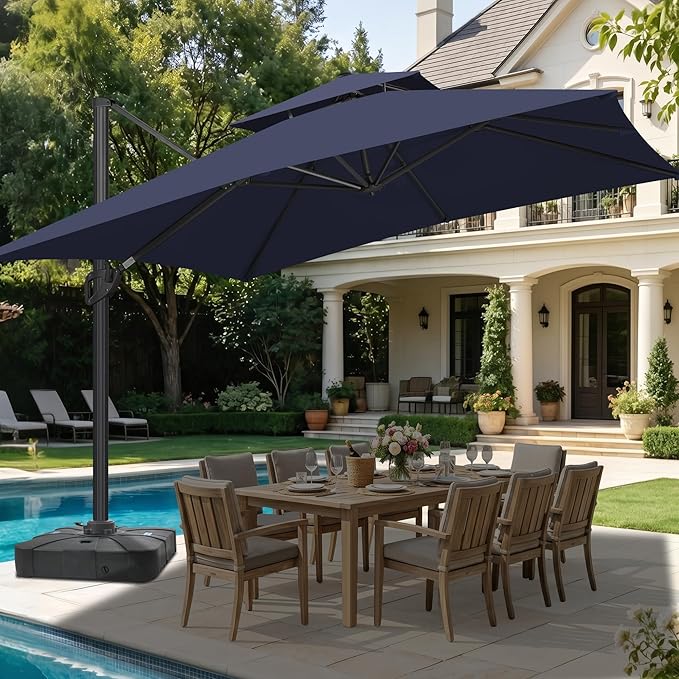 FLAME&SHADE 8.2 X 8.2 FT Square Cantilever Patio Umbrella - Large Offset Umbrella Outdoor Patio with 360-Degree Rotation and 3-Year Fade Resistance Fabric for Deck Pool Backyard Garden, Dark Blue