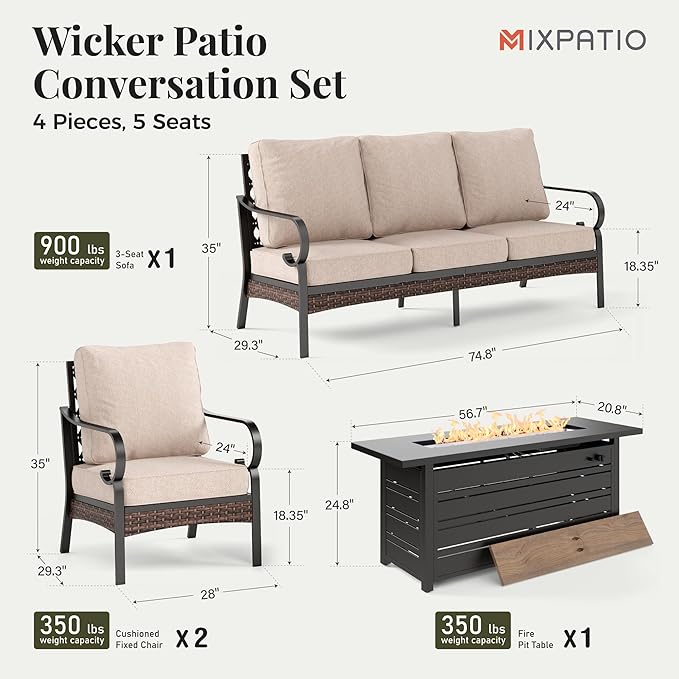 Patio Furniture Set with Fire Pit Table, 4 PCS Metal Outdoor Conversation Set with 5.75'' Extra Thick Cushion, 2 Chairs, 3-Seat Sofa and Gas Fire Pit Table, Beige