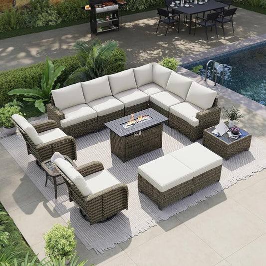 LazySunsets Luxury Patio Furniture Set with Fire Pit Table, All-Weather Patio Sectional Sofas with Thickened Cushions, 13 Piece Outdoor Furniture Set with Swivel Rocker Chairs & Ottomans, Beige