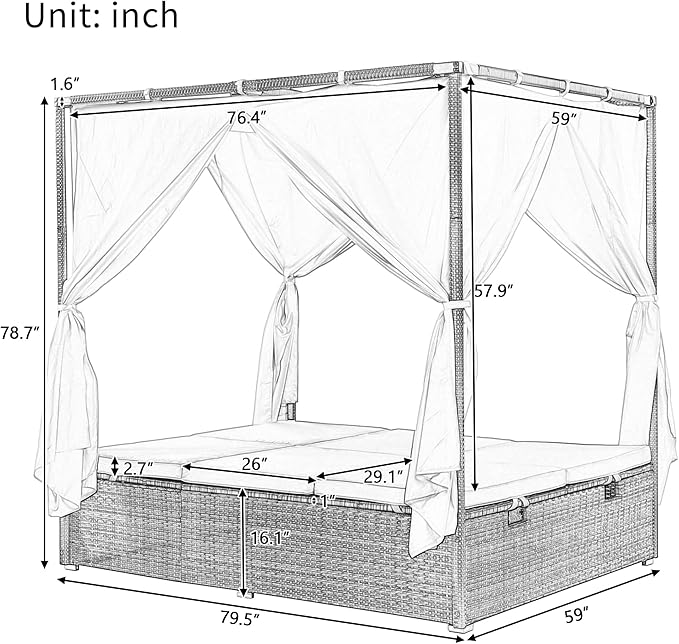 KEVINSPACE Outdoor Daybed with Curtain Canopy Bed Patio Furniture Adjustable Sunbed Set All-Weather Rattan Sun Lounger Patio Wicker Sofa Set Patio Conversation Set Curtains for Garden Yard Beige