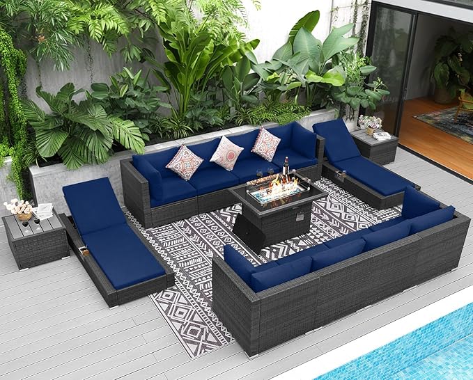 NICESOUL 13 Piece Outdoor Seating with Fire Pit Table, High-End Wicker Patio Furniture Set with Chaise Lounge, Comfy 29.3'' High Back Deep Sectional Sofa, All-Weather Backyard Sitting, Grey & Blue