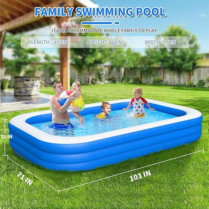 Inflatable Swimming Pool, Blow up Pools, Above Ground Swimming Pool for Family, Small Pools 103 x 69 x 24 inch Full-Sized Inflatable Pool for Kids for Outdoor, Backyard