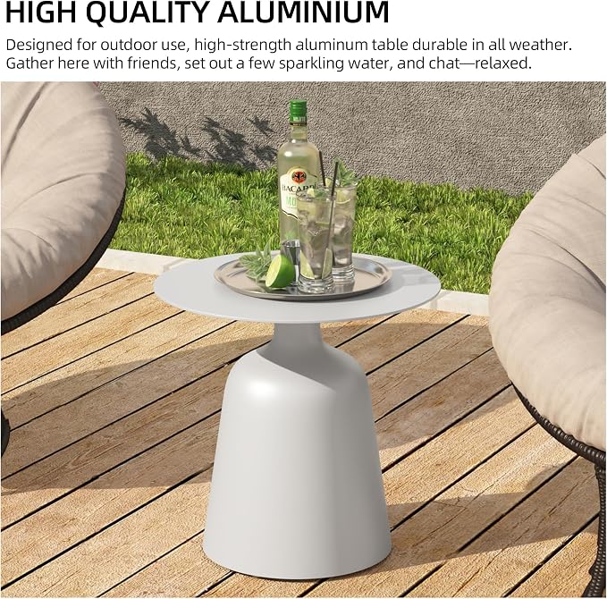 TWT 19.5 Inch Round Pedestal Side Table, Modern Minimalist End Table with Stable Bell Base, Small Coffee Accent Table for Indoor Outdoor Living Room Bedroom Patio Balcony, White