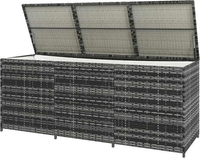 175 Gallon Outdoor Storage Box with Inner Liner, PE Rattan Wicker Deck Box with Bar Lift for Indoor Outdoor, Patio Furniture Cushions, Pool Toys, Garden Tools, Mixed Gray