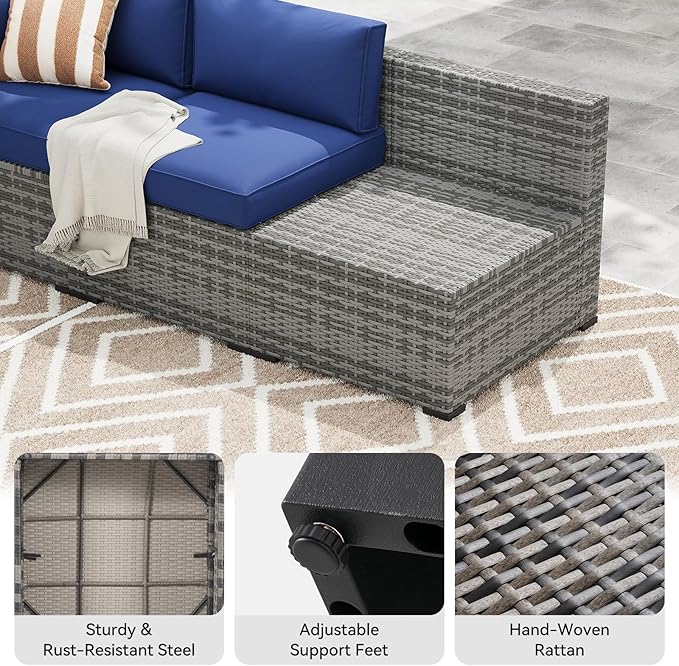 LazySunsets 10-Piece Patio Furniture Set, Wicker Rattan Outdoor Furniture with Thick Cushions, Patio Conversation Sets with Coffee Table, Outdoor Sectional Couch Sofa with Waterproof Cover, Blue