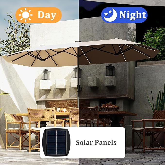 HAPPYGRILL 13 FT Double-sided Patio Umbrella with Solar Lights, Crank Handle & 12 Heavy-Duty Ribs, Outdoor Twin Size Oversized Rectangle Market Umbrella for Garden Deck Poolside