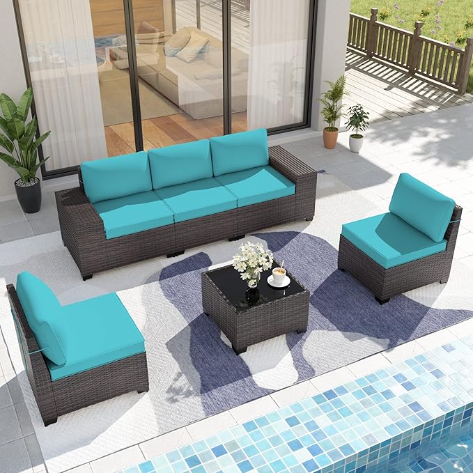 Patio Furniture Set Sofa 6-Pieces Wicker Sectional Sofa Set, Outdoor Furniture Rattan Patio Conversation Set with Thickened Cushion and Glass Coffee Table, Blue