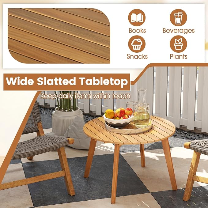 HAPPYGRILL Acacia Wood Patio Bistro Side Table, Outdoor Round End Table with Slatted Tabletop, for Backyard Poolside Garden, 24.5 Inch (1)